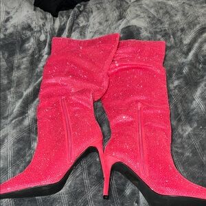Nasty Gal Pink Rhinestone Knee-High slouch Boots